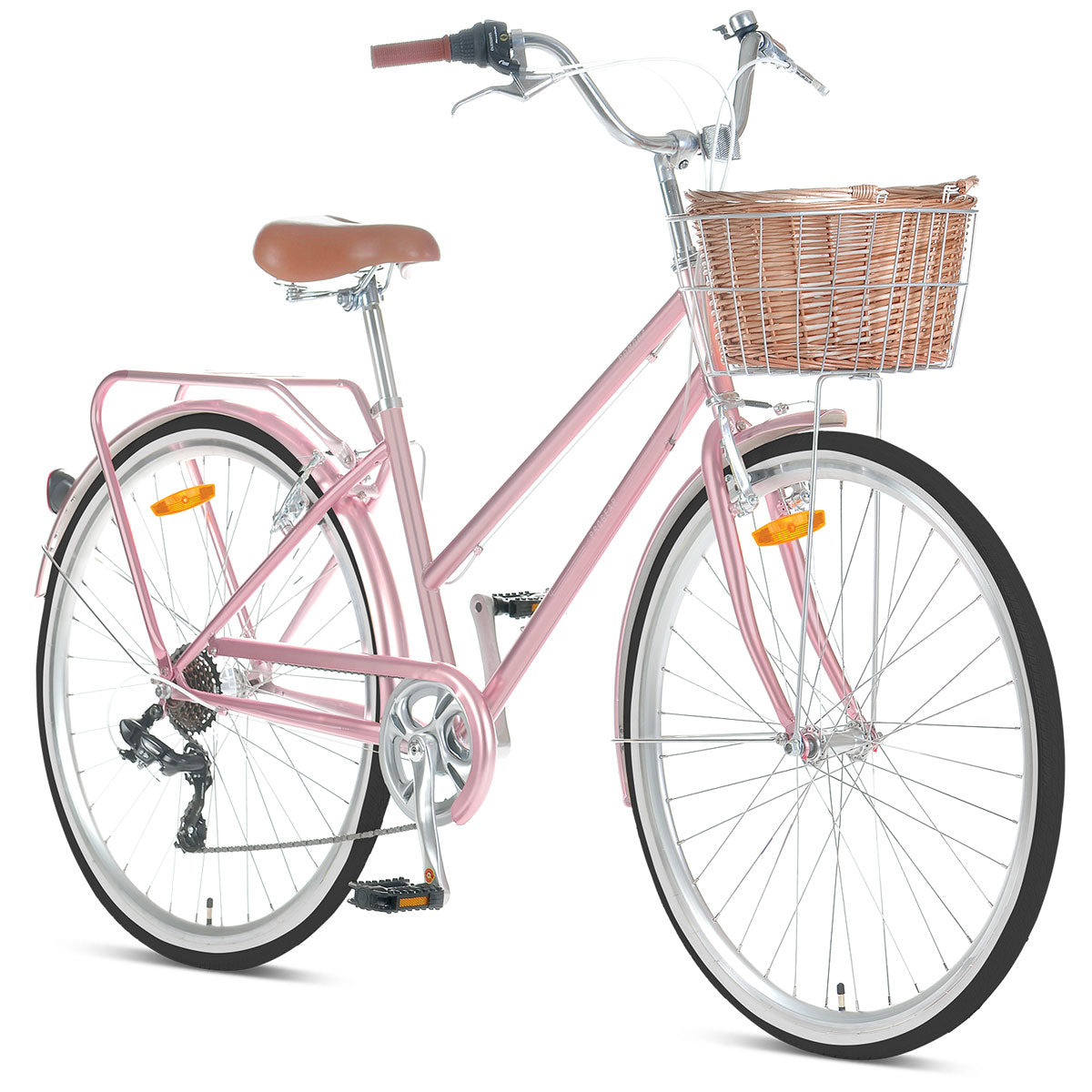 Pomona Vintage Cruiser Commuter Bike Rose Gold with Front Basket (Small, 15")
